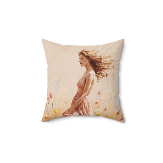 Vintage Woman Art Throw Pillow – Spun Polyester Square Cushion
